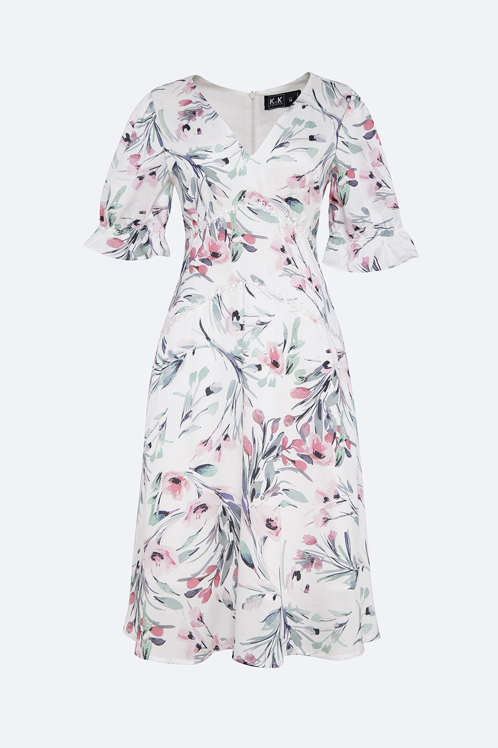 Đầm hoa phối đăng ten cổ V tay lỡ