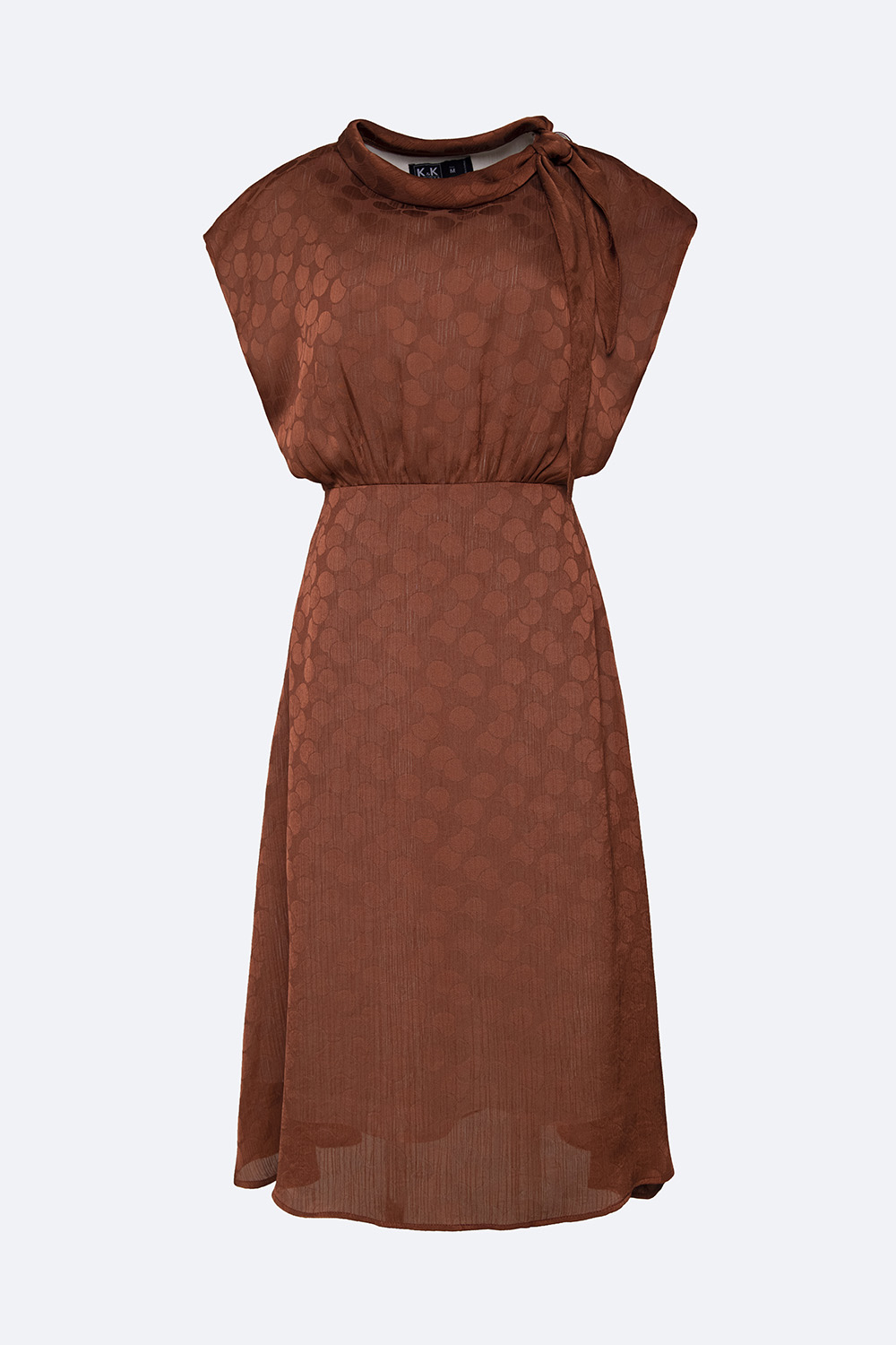 Đầm xòe công sở nhấn eo cổ phối nơ màu nâu