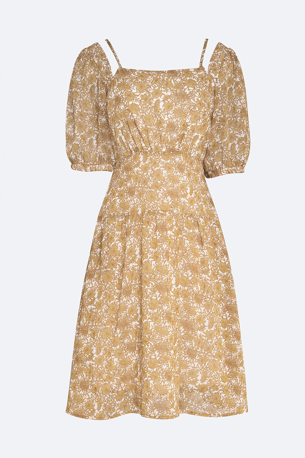 Đầm xòe hoa cổ vuông tay phồng