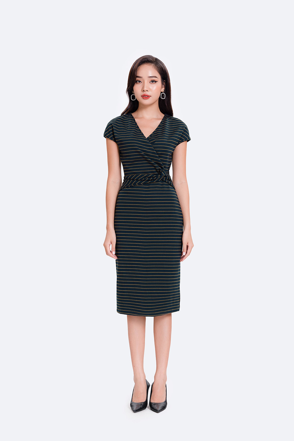 Đầm ôm body kẻ sọc xoắn eo 