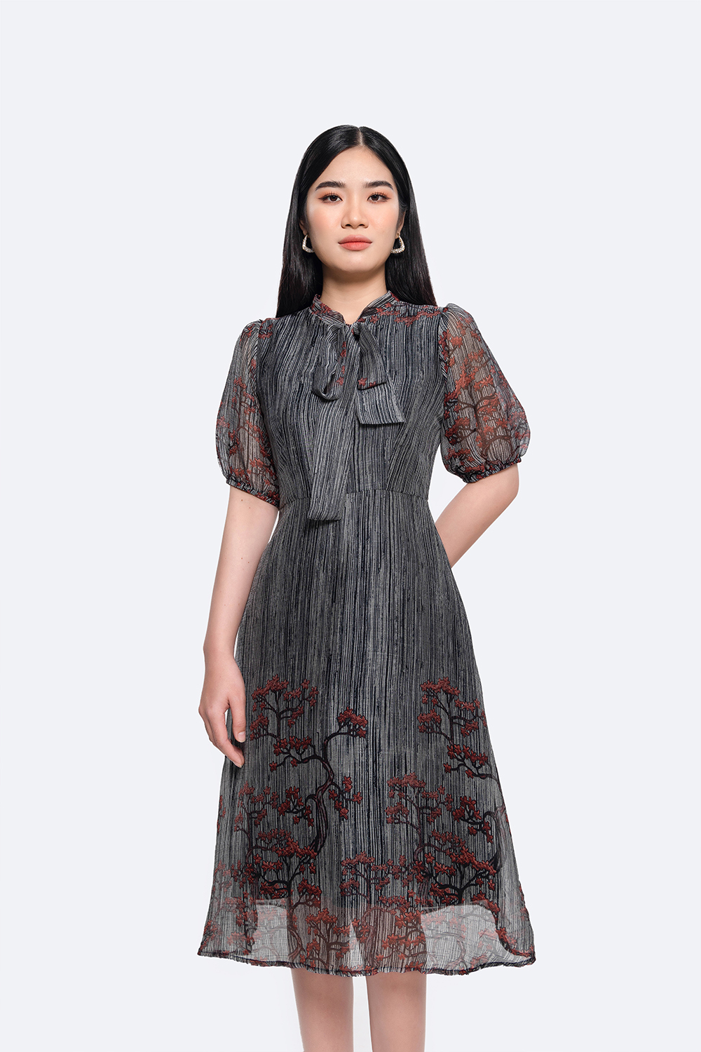 Đầm xòe công sở phối họa tiết