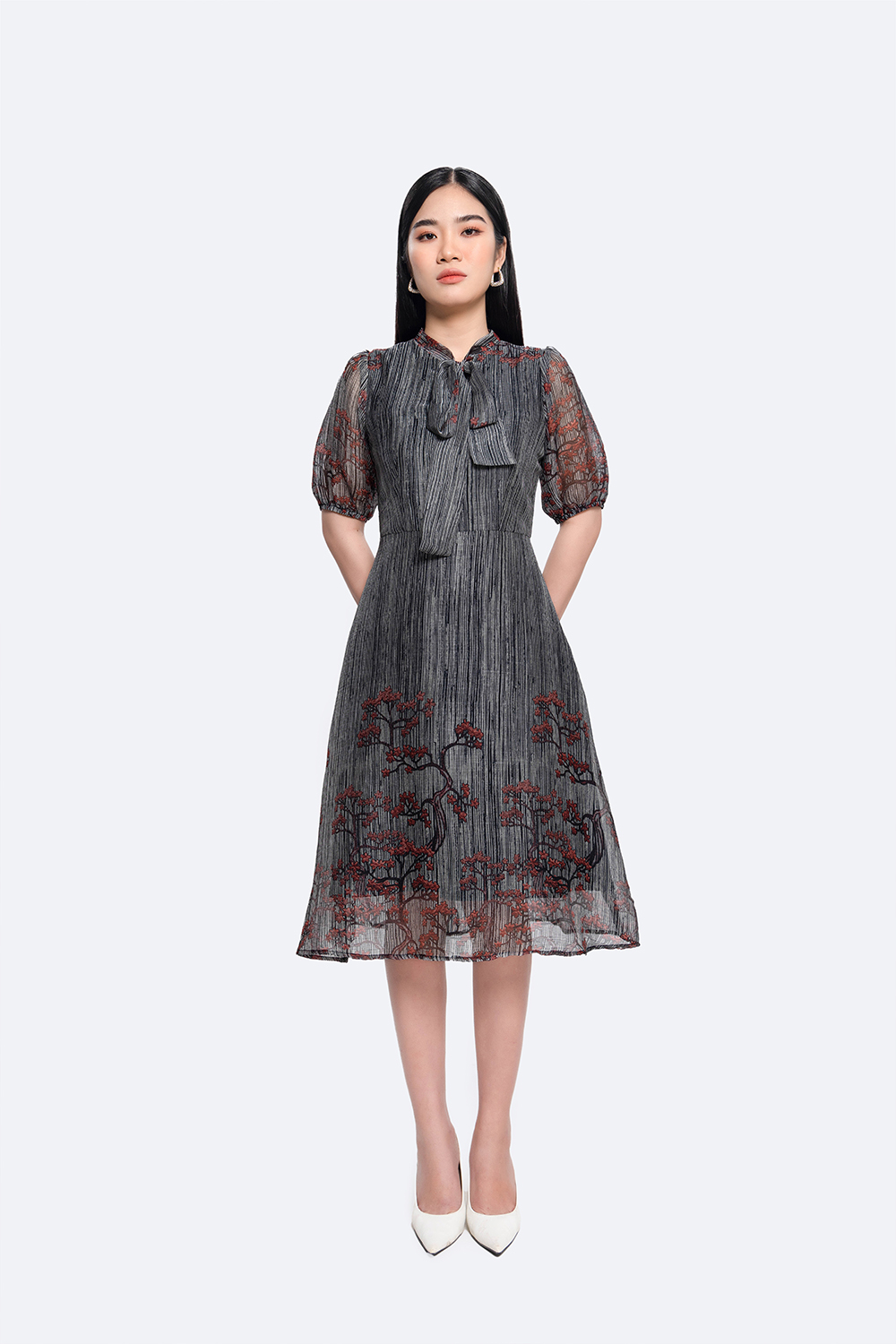 Đầm xòe công sở phối họa tiết