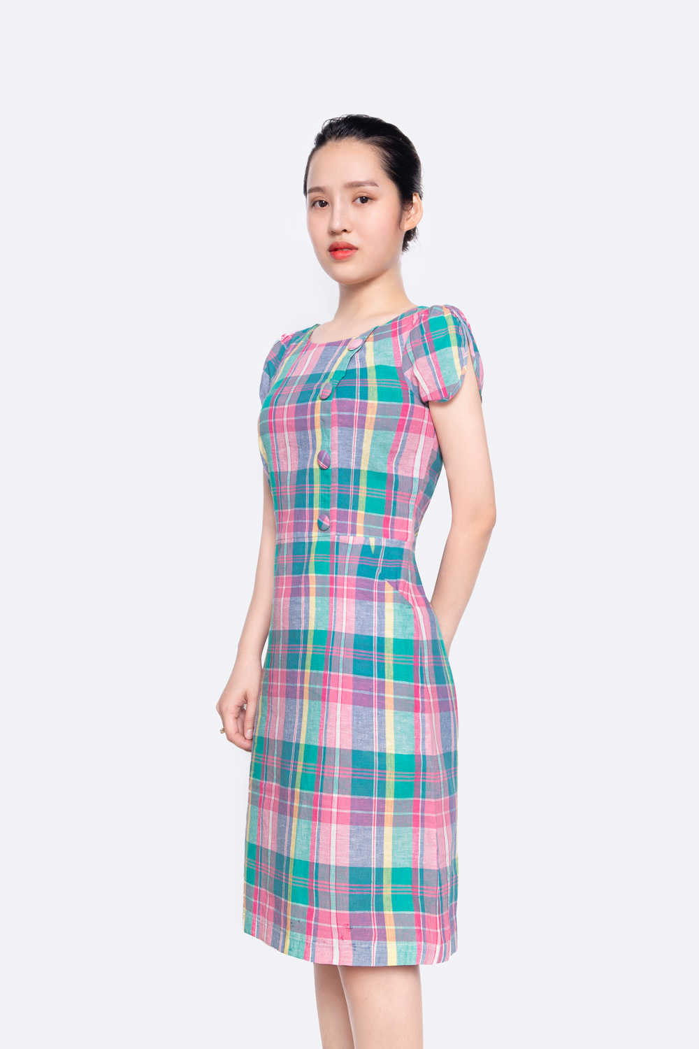 Đầm caro dáng chữ A phối nút KK101-20 | Thời trang công sở K&K Fashion
