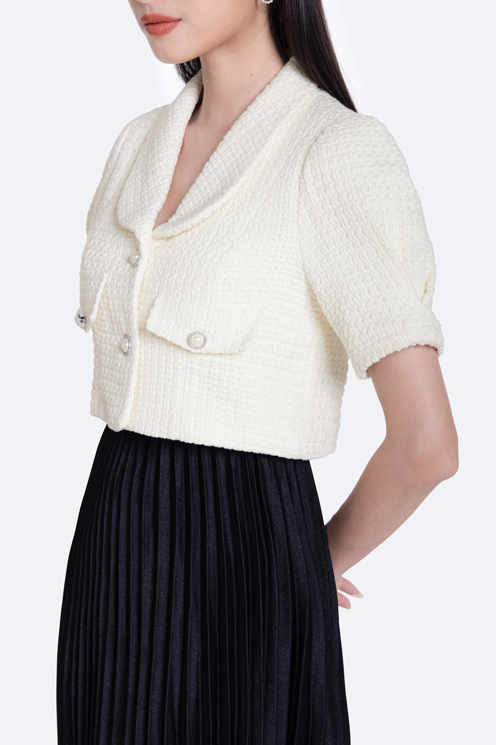 Áo khoác tweed lửng cổ sen tay phồng