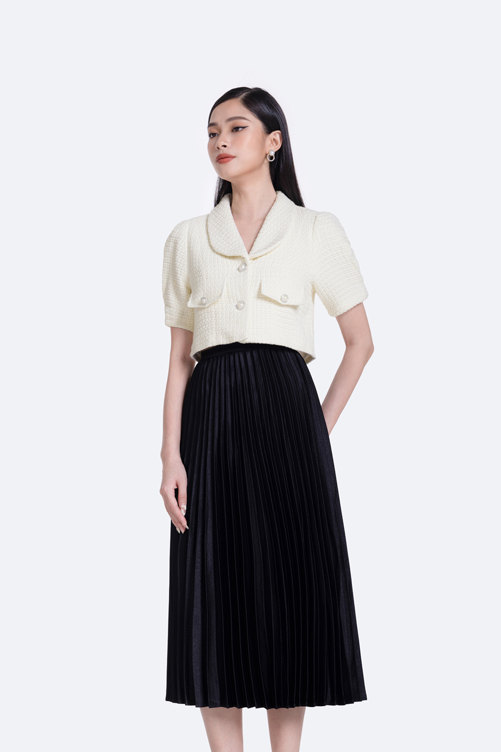 Áo khoác tweed lửng cổ sen tay phồng