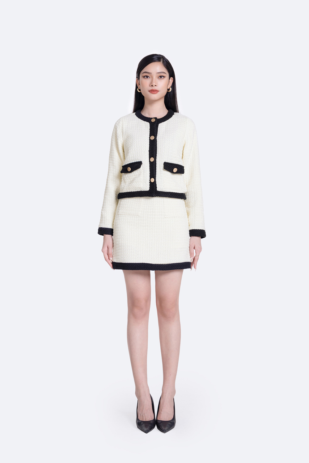 Áo khoác nữ tweed hàn phối màu