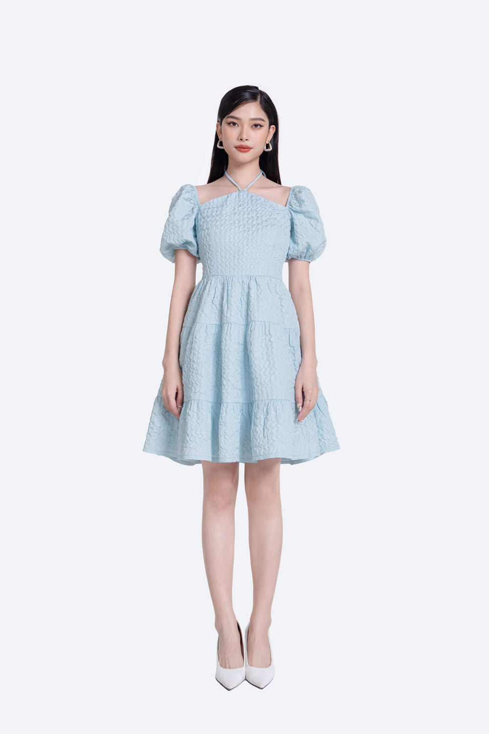 Đầm xòe tay phồng cổ chéo dây