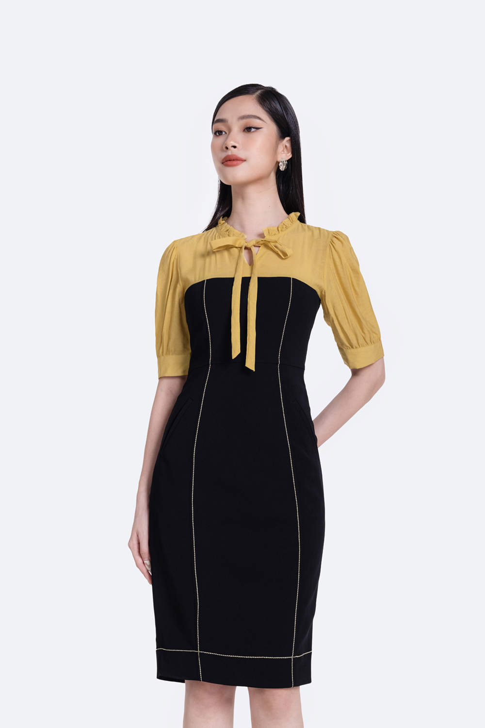 Đầm đen công sở dáng ôm phối màu KK114-38 | Thời trang công sở K&K ...