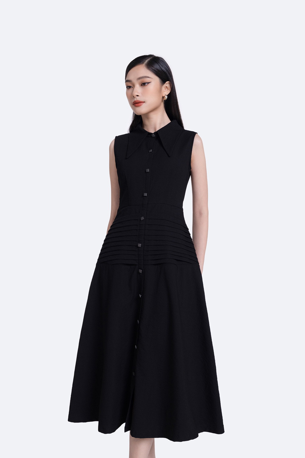 Đầm xòe đen sơ mi dáng dài