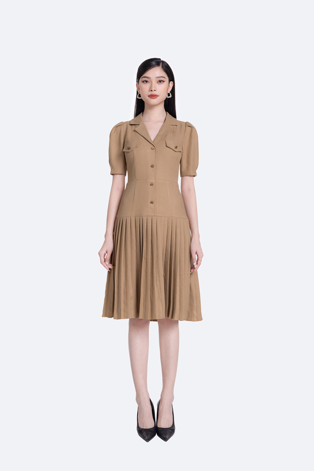 Đầm sơ mi công sở tùng váy xếp ly