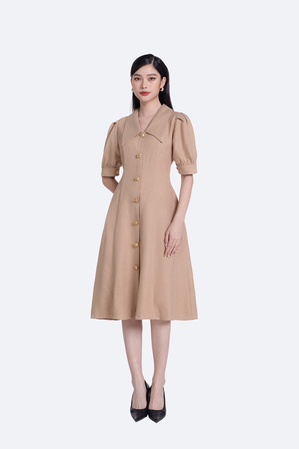 Đầm xòe công sở cổ sen tay phồng