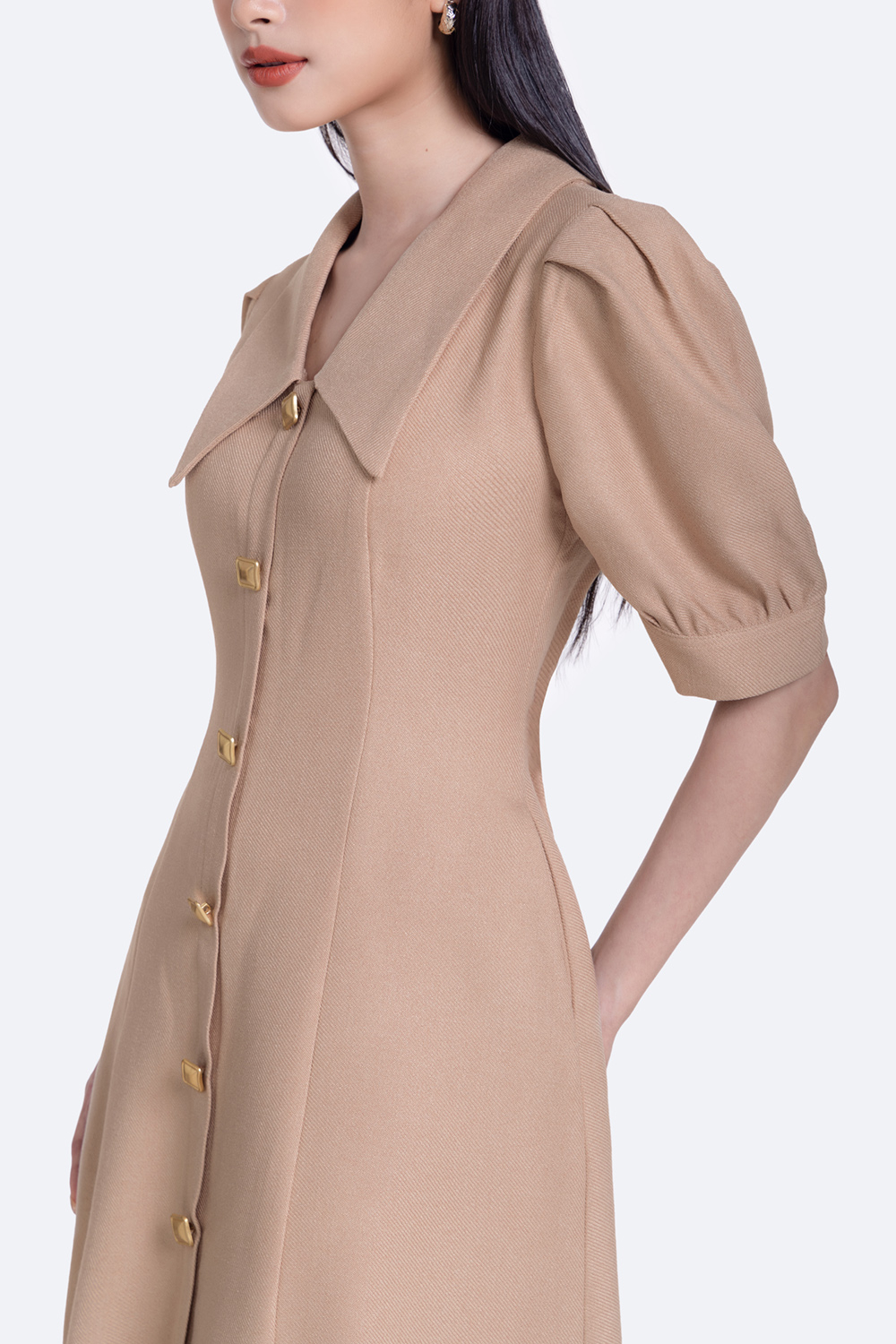 Đầm xòe công sở cổ sen tay phồng