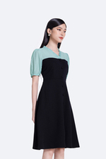 Đầm xòe đen công sở phối màu
