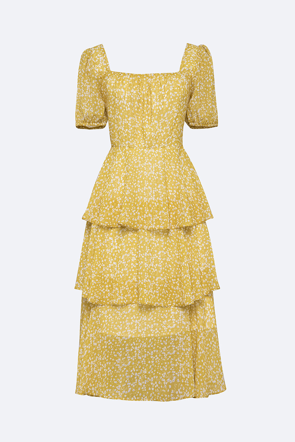 Đầm voan hoa nhí xếp tầng cổ vuông