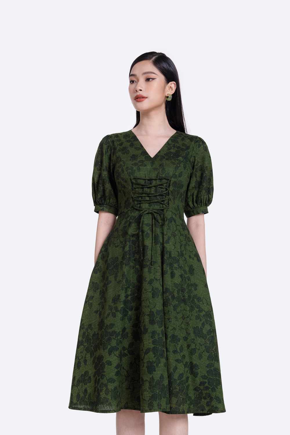 Đầm xòe hoa phối dây thắt nơ tay phồng