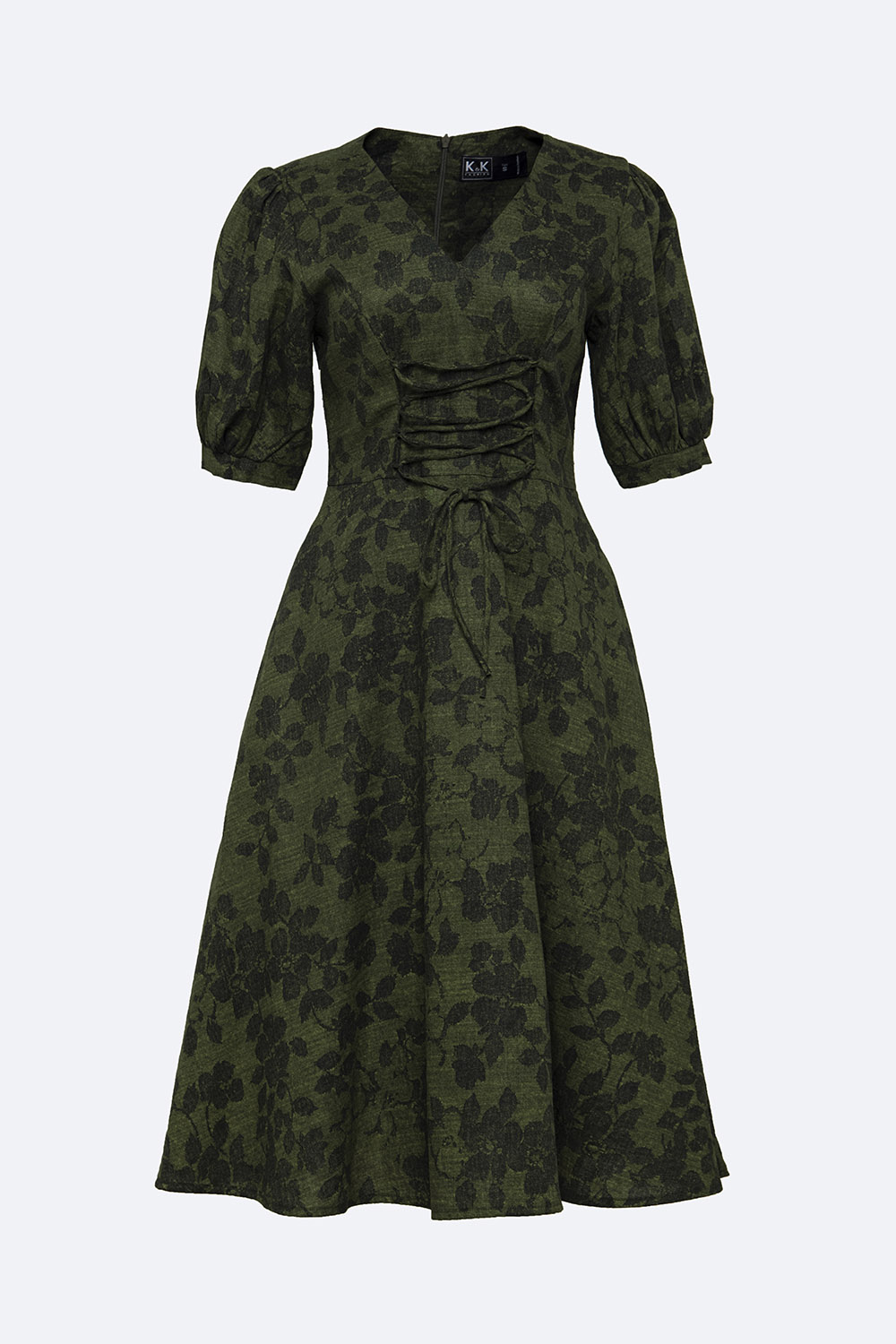 Đầm xòe hoa phối dây thắt nơ tay phồng