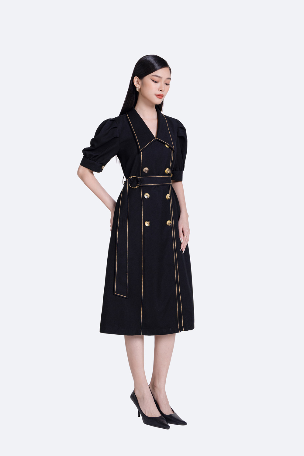 Đầm đen chữ A dáng dài kèm thắt eo