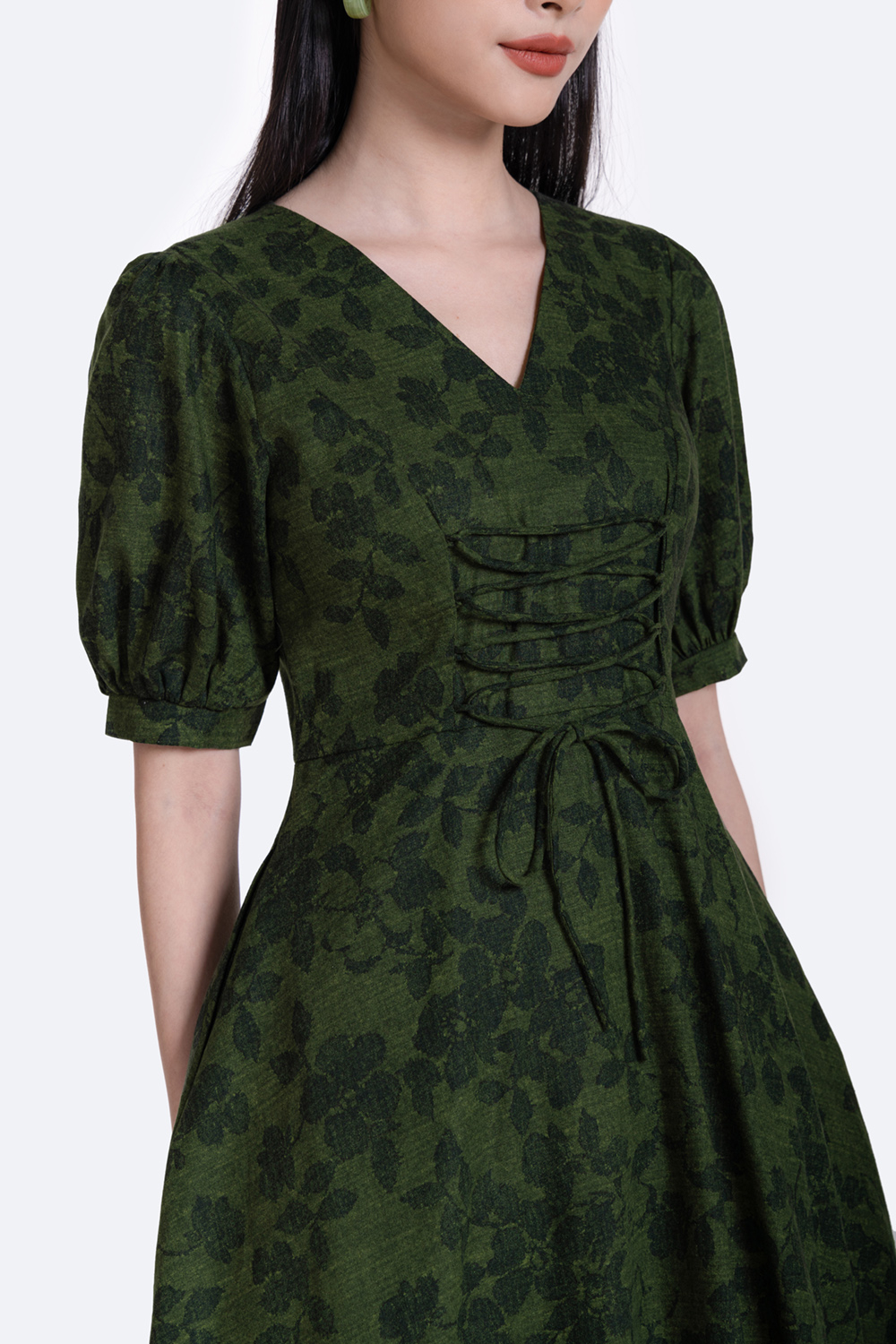 Đầm xòe hoa phối dây thắt nơ tay phồng