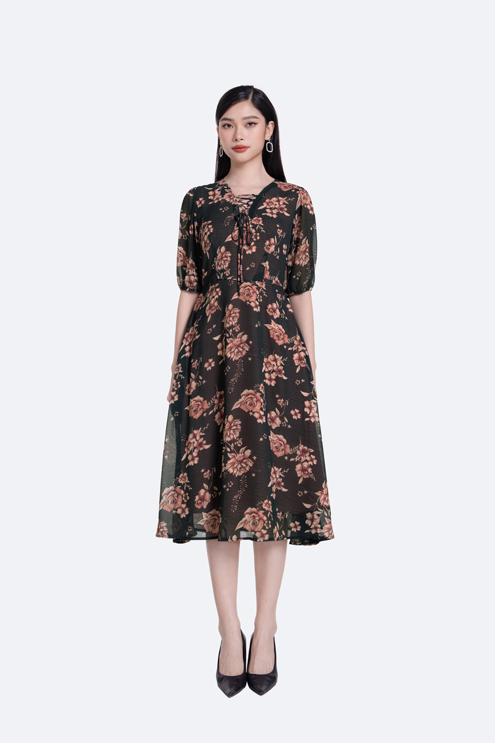 Đầm hoa công sở dáng dài cổ phối nơ