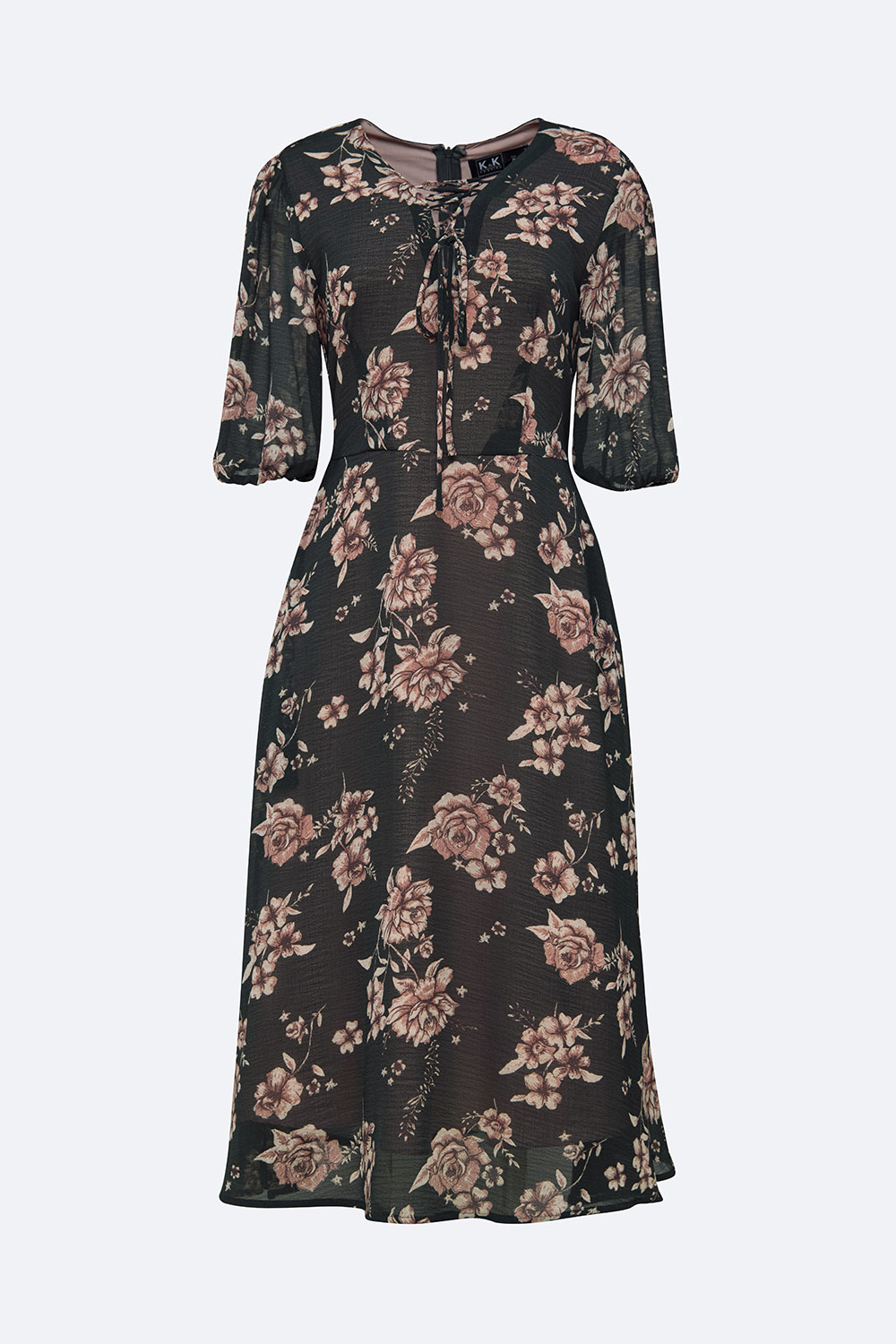 Đầm hoa công sở dáng dài cổ phối nơ