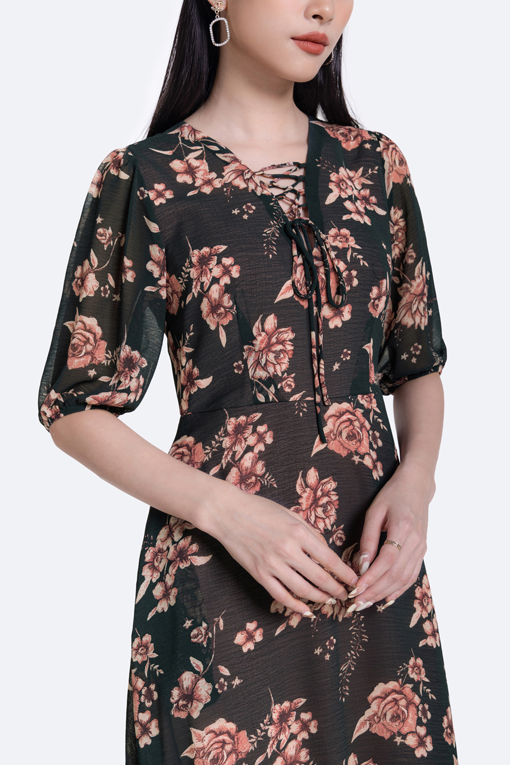 Đầm hoa công sở dáng dài cổ phối nơ