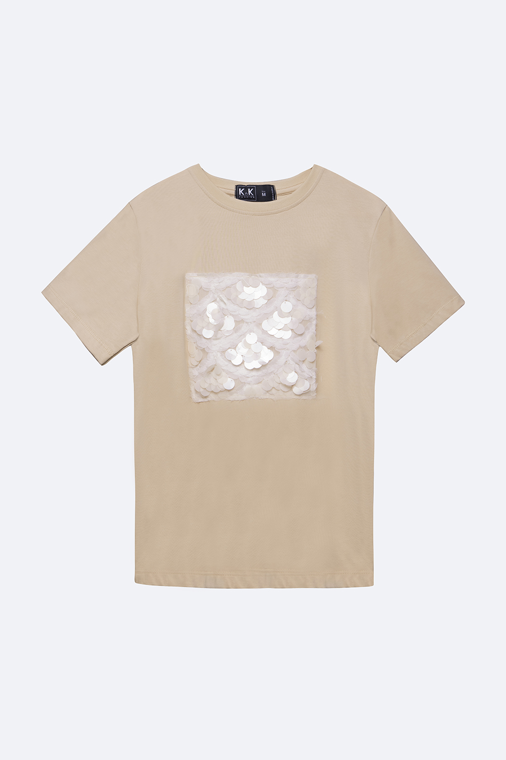 Áo thun màu be tay ngắn phối kim sa