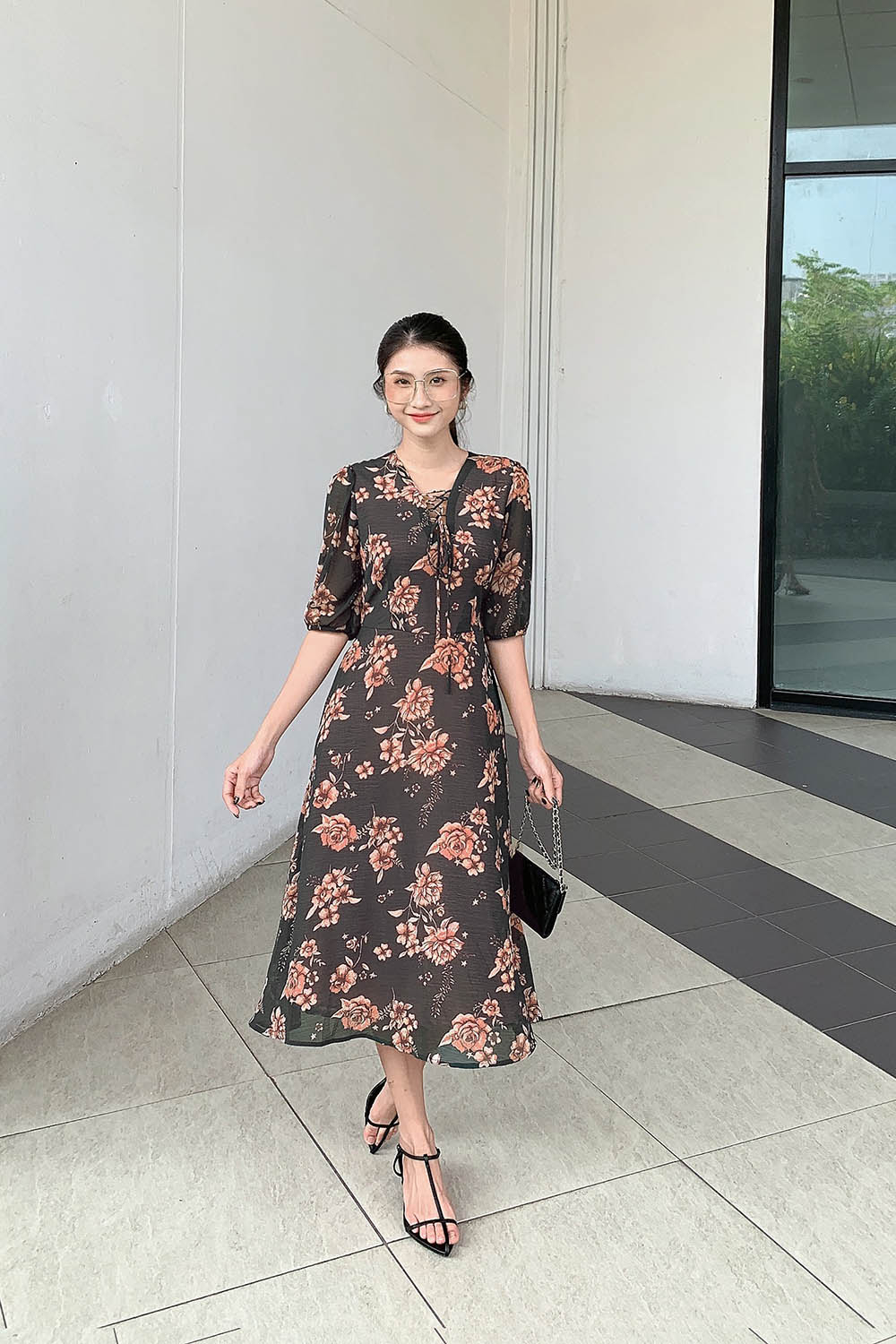 Đầm hoa công sở dáng dài cổ phối nơ