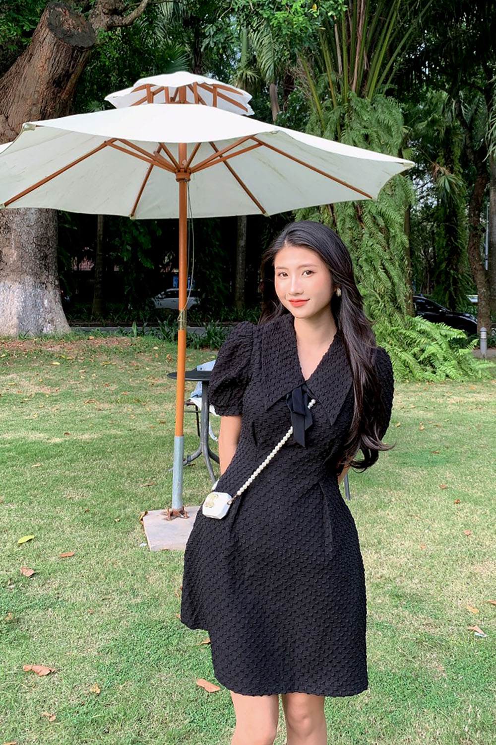 Đầm đen xòe cổ sen phối nơ tay ngắn