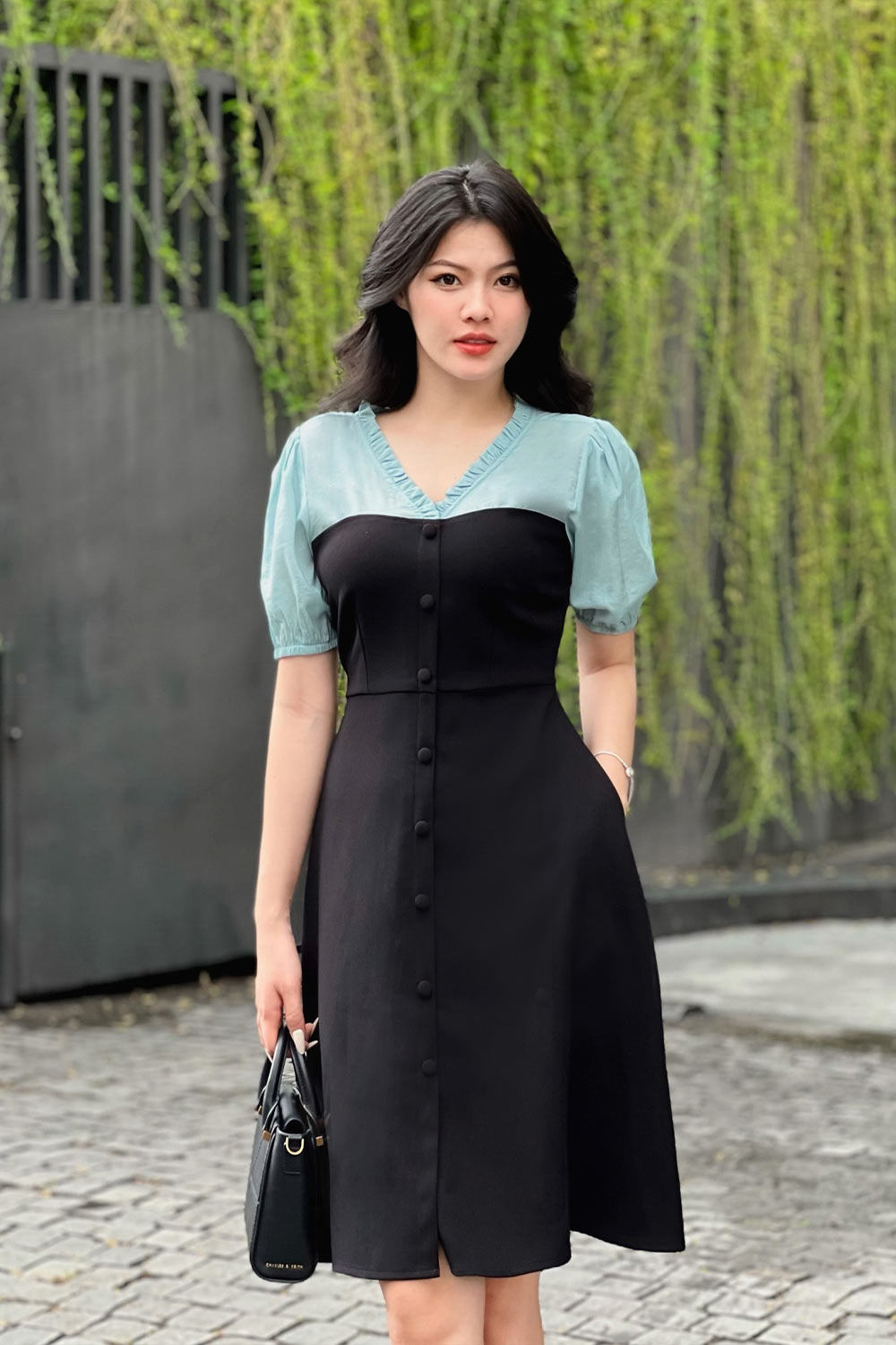 Đầm xòe đen công sở phối màu KK116-25 | Thời trang công sở K&K Fashion