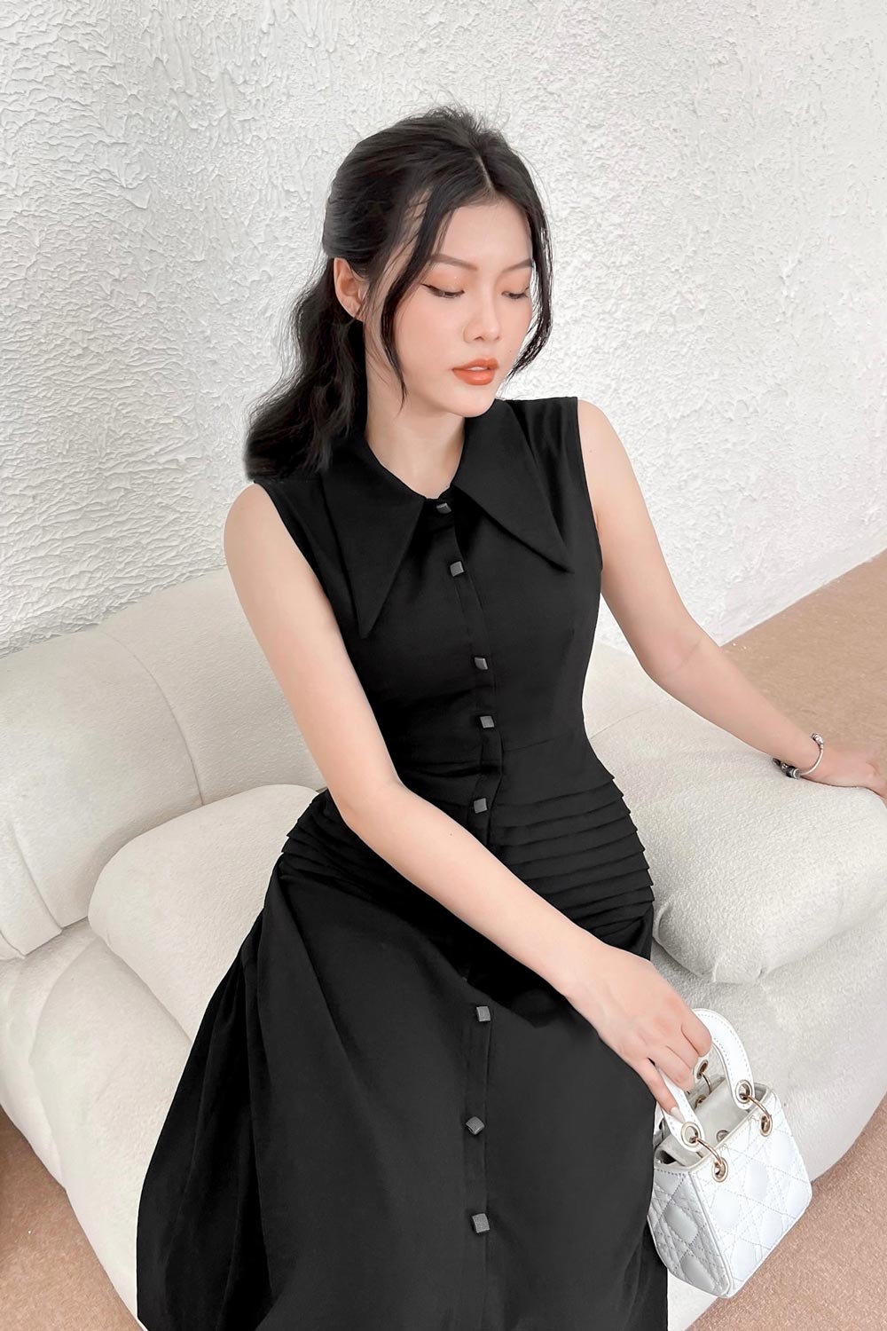 Đầm xòe đen sơ mi dáng dài KK115-08 | Thời trang công sở K&K Fashion
