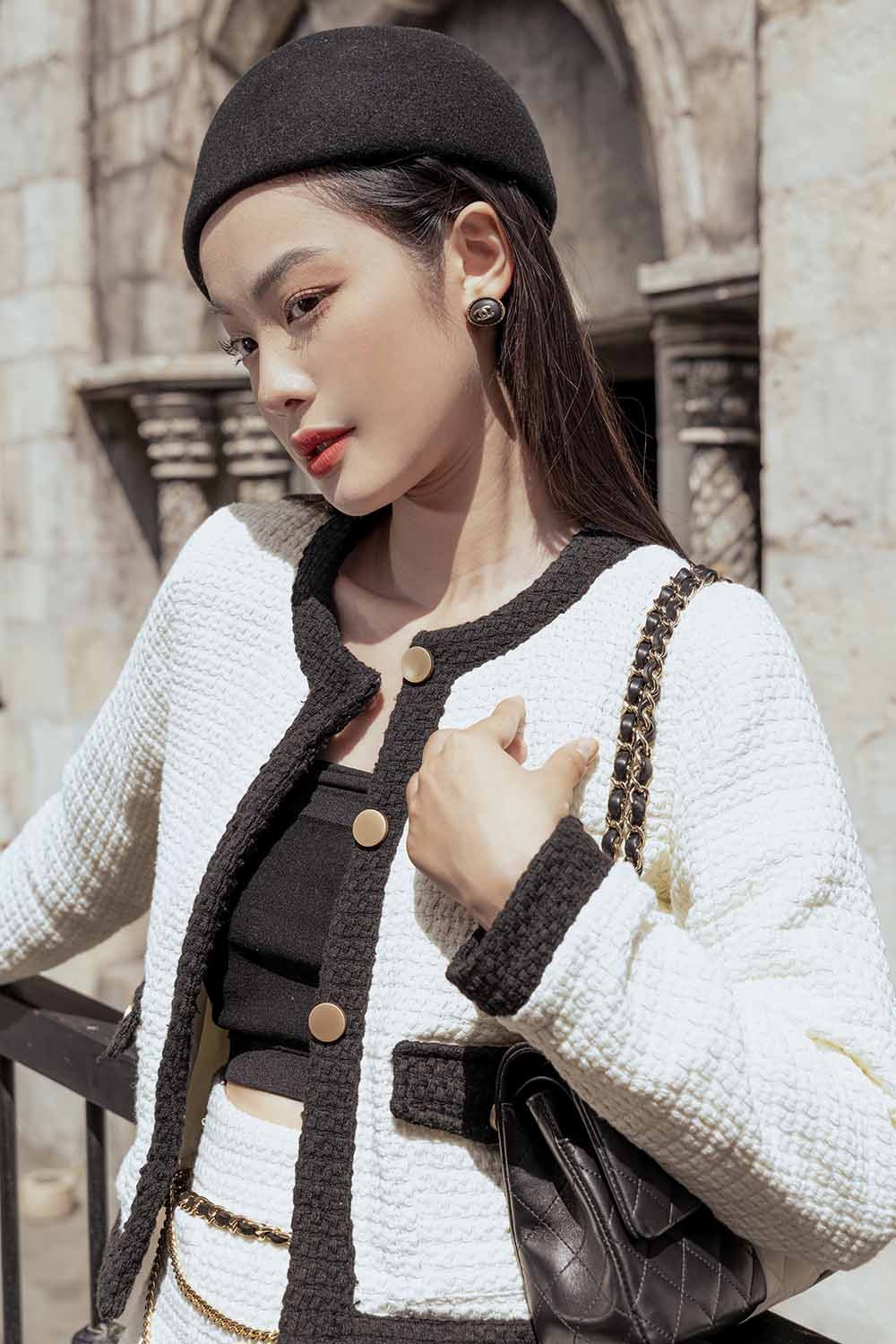 Áo khoác nữ tweed hàn phối màu