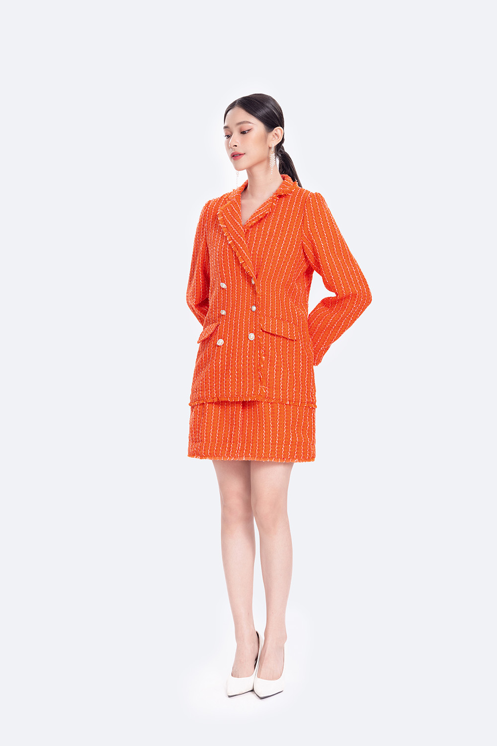 Áo khoác tweed nữ tay dài màu cam