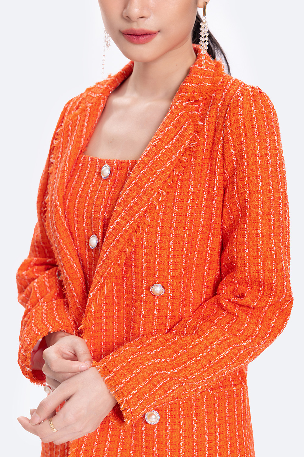 Áo khoác tweed nữ tay dài màu cam