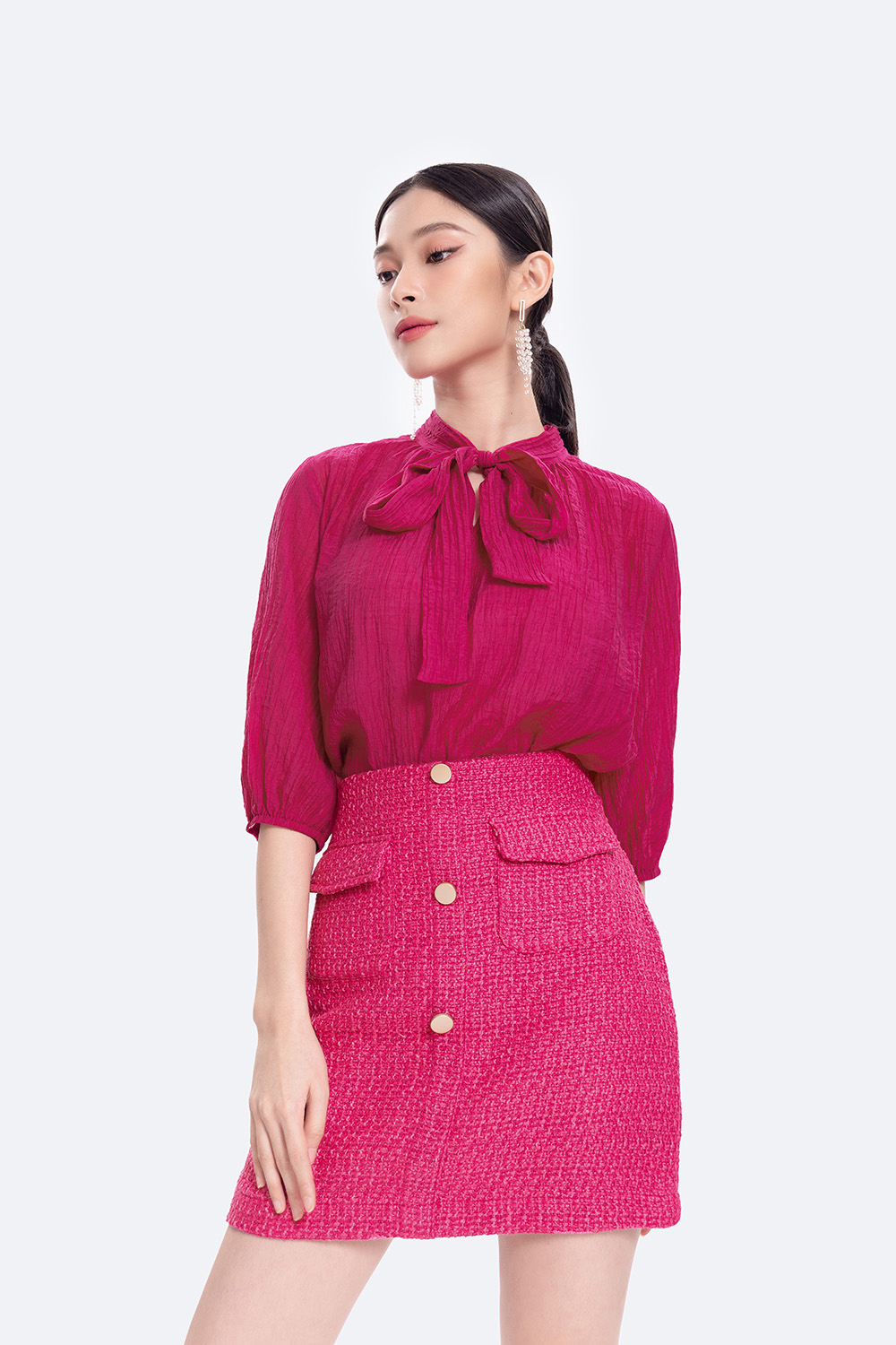 Áo kiểu sơ mi nữ phối nơ màu hồng