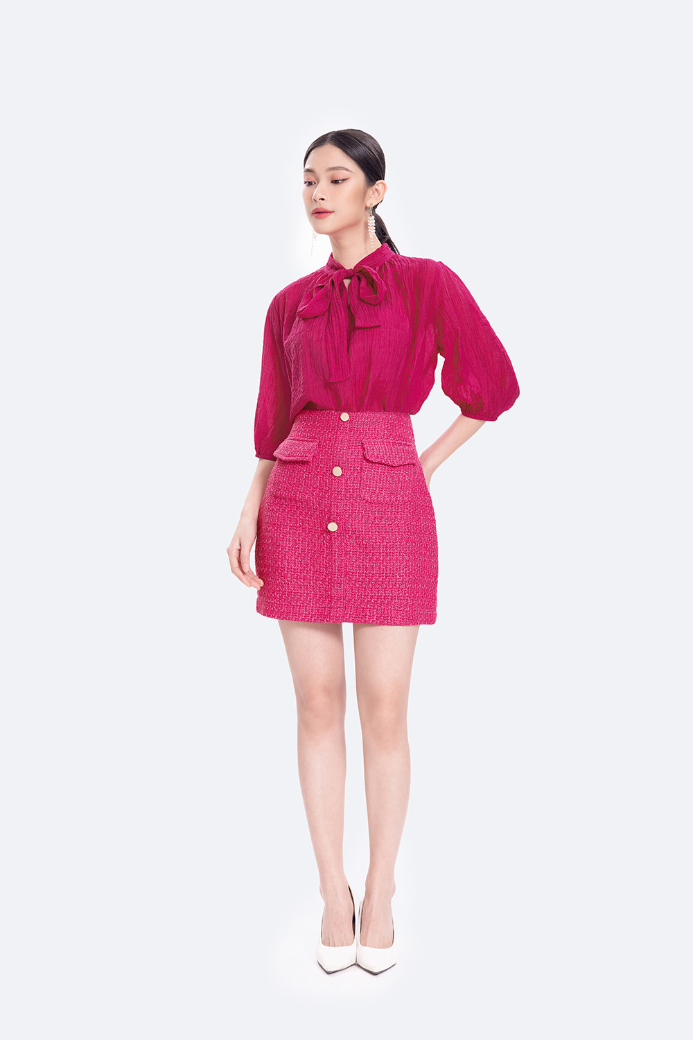 Áo kiểu sơ mi nữ phối nơ màu hồng