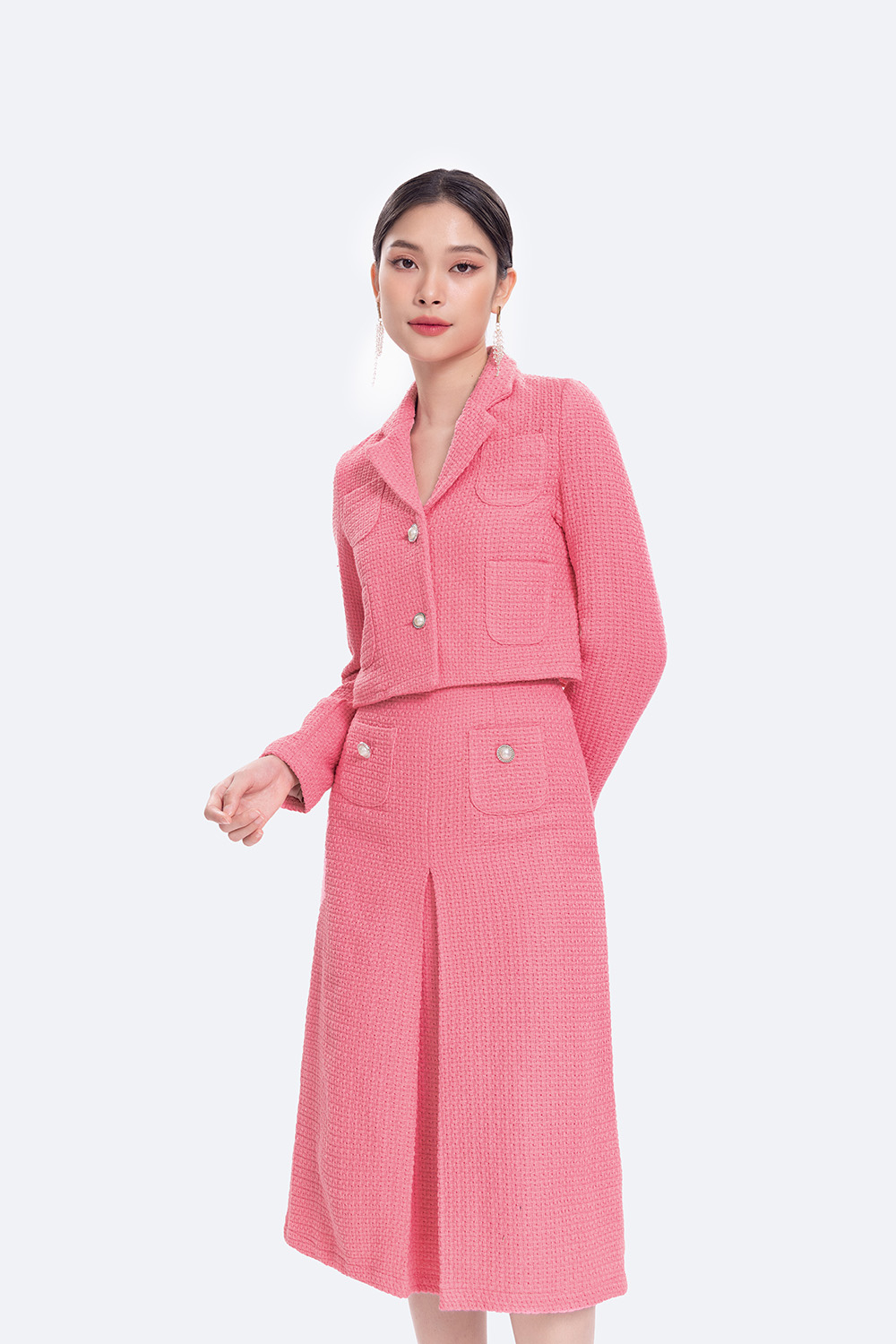 Chân váy tweed dáng midi phối túi giả