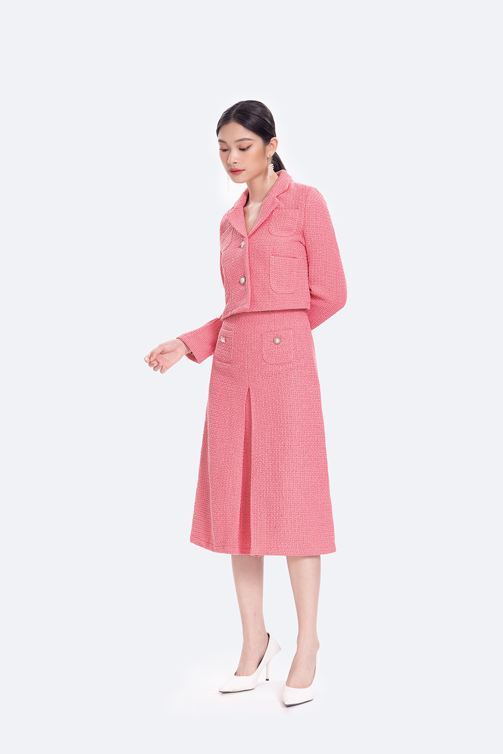 Chân váy tweed dáng midi phối túi giả