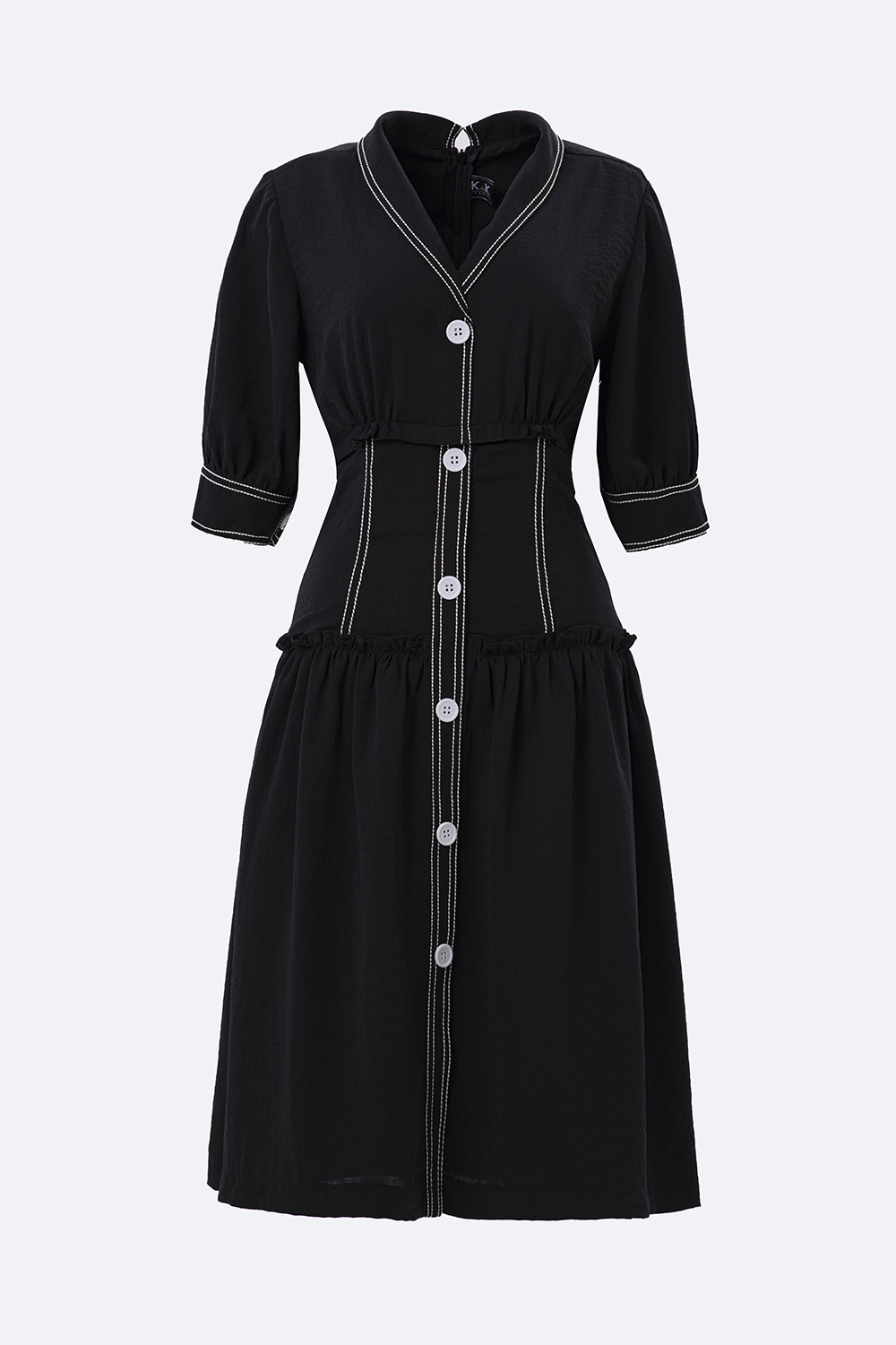 Đầm xòe đen công sở nhấn eo viền trắng