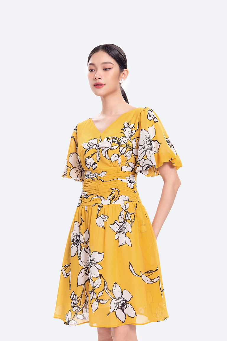 Đầm xòe màu vàng họa tiết hoa nhấn eo KK116-03 | Thời trang công ...