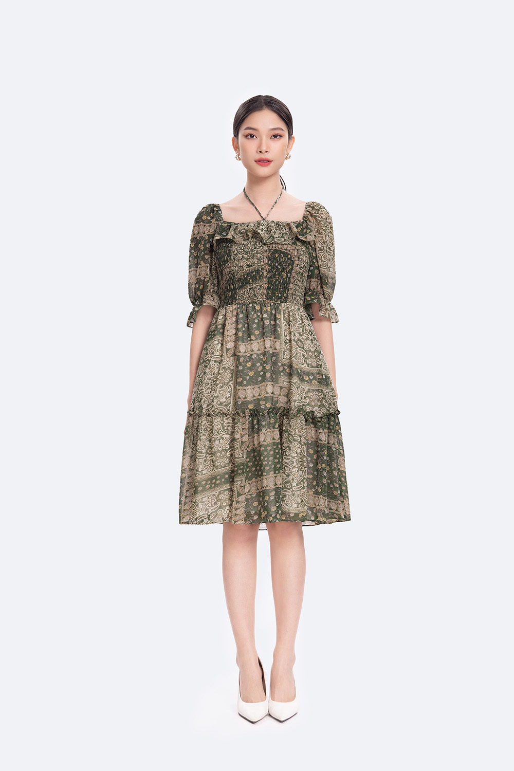 Đầm họa tiết dáng xòe đuôi cá viền bèo