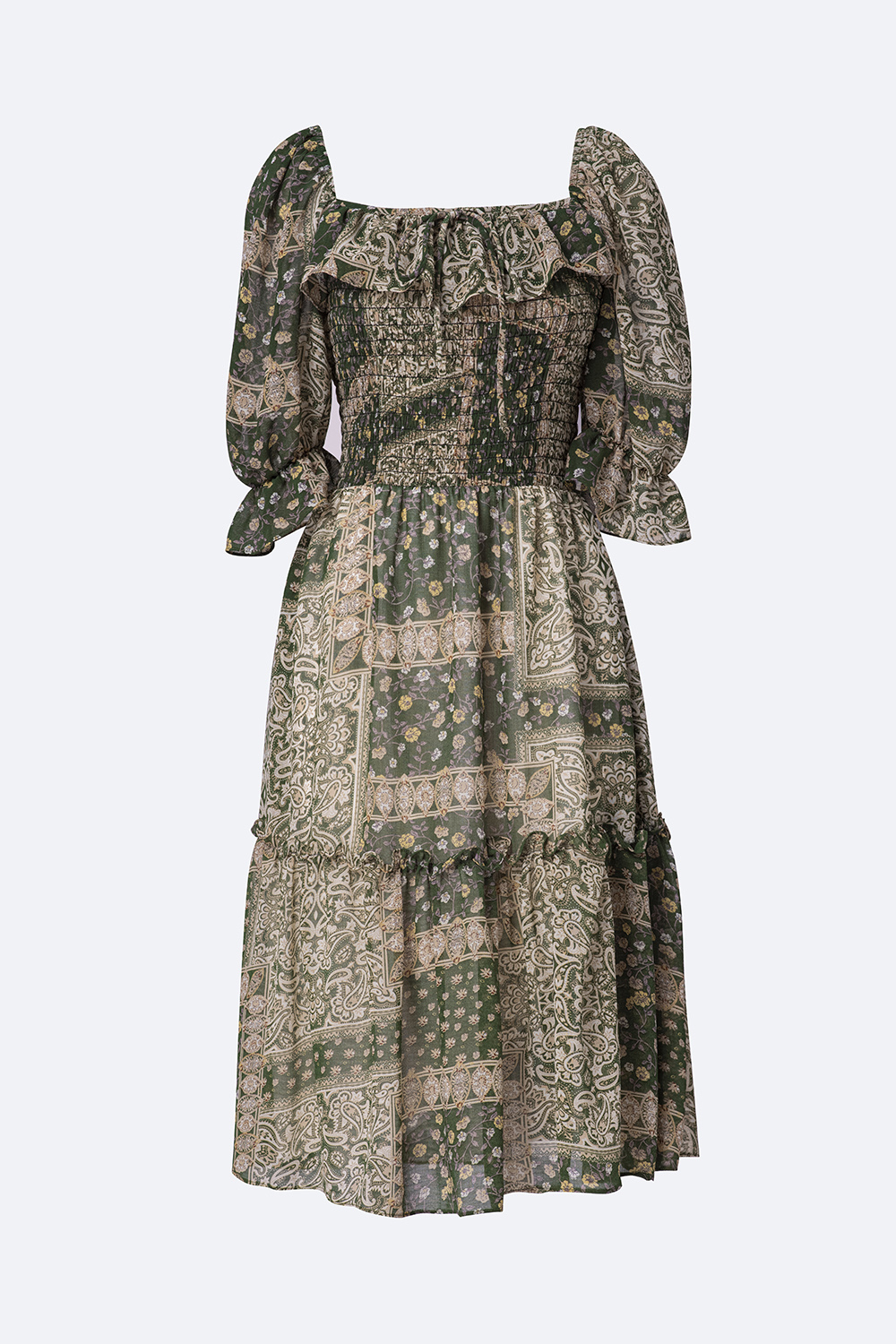 Đầm họa tiết dáng xòe đuôi cá viền bèo