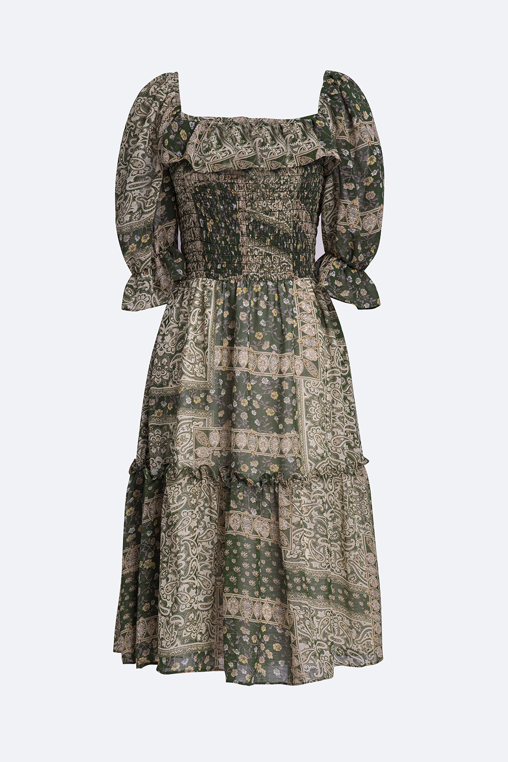 Đầm họa tiết dáng xòe đuôi cá viền bèo