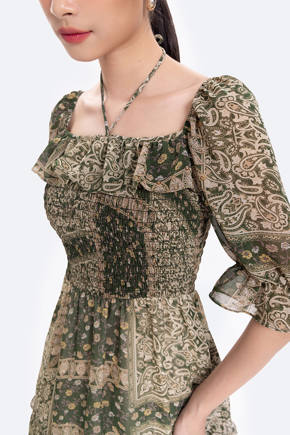 Đầm họa tiết dáng xòe đuôi cá viền bèo