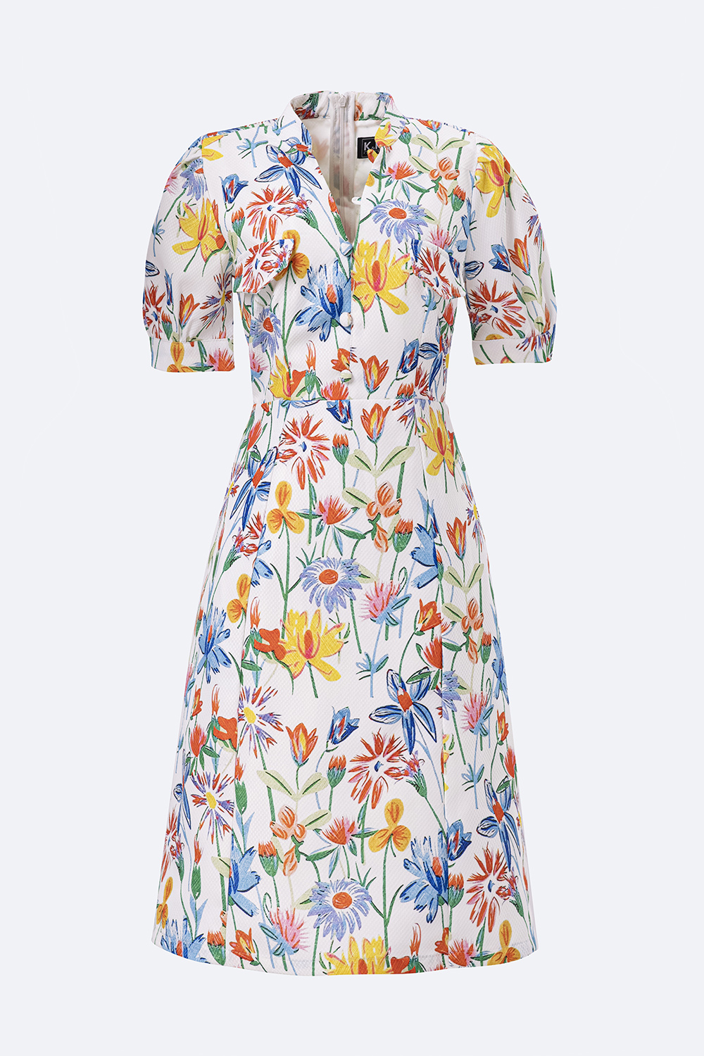 Đầm hoa chữ A cổ V tay phồng