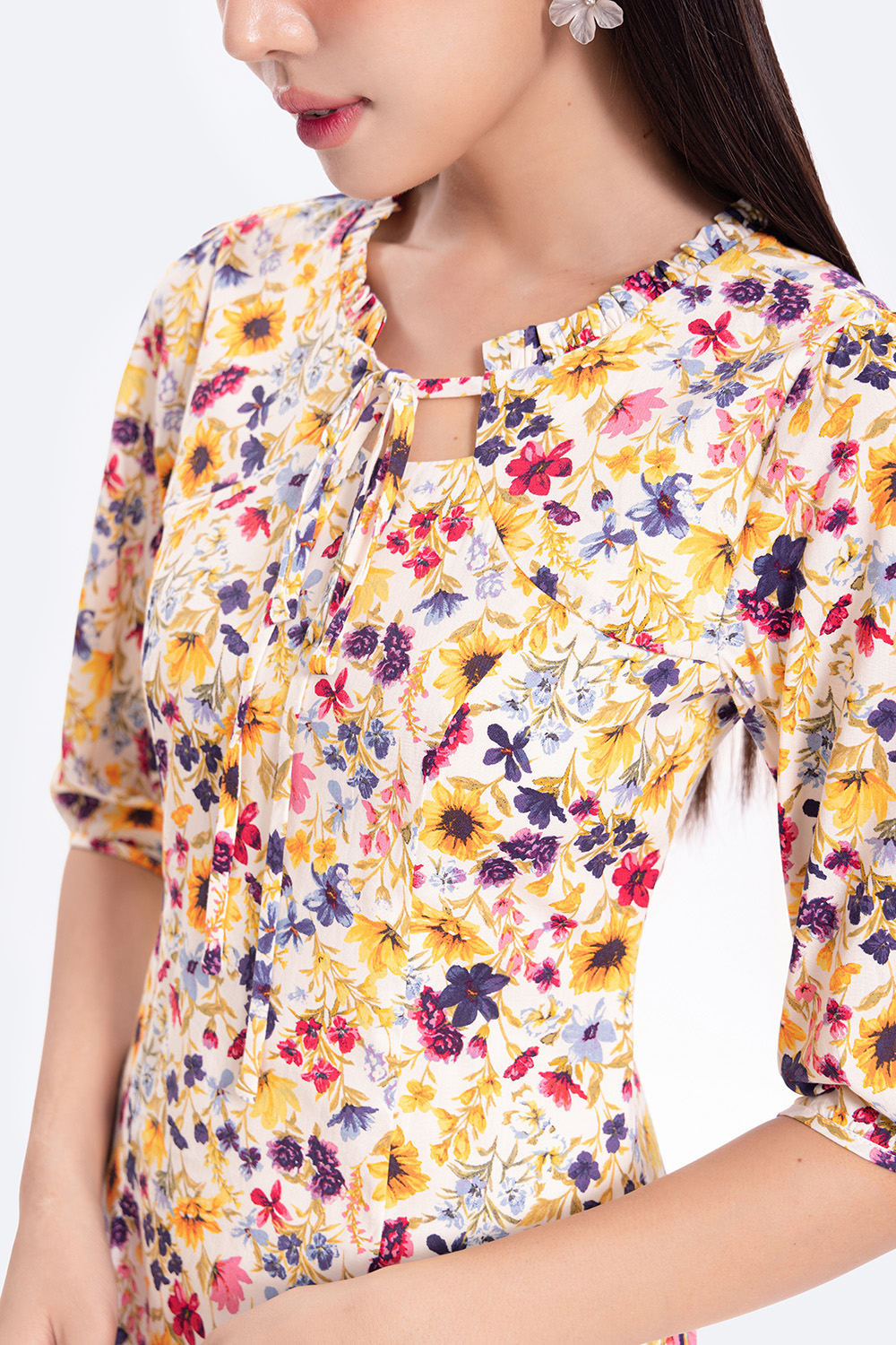 Đầm hoa dáng chữ A tay lửng