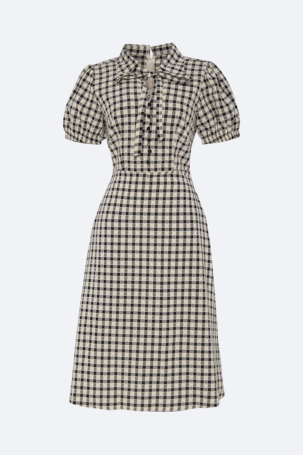 Đầm caro dáng chữ A cổ sơ mi phối nơ