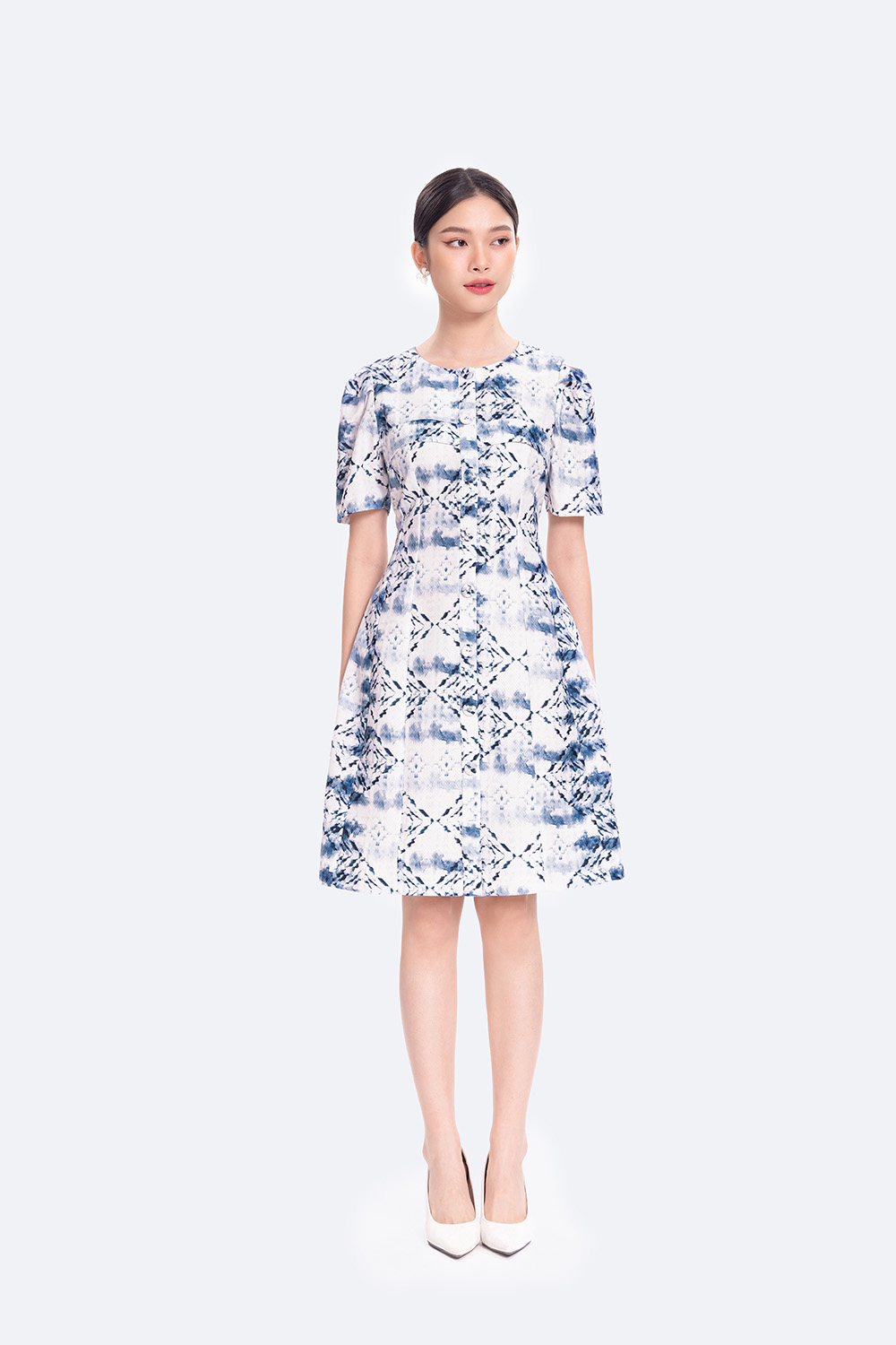 Đầm chữ A họa tiết công sở nữ cổ tròn