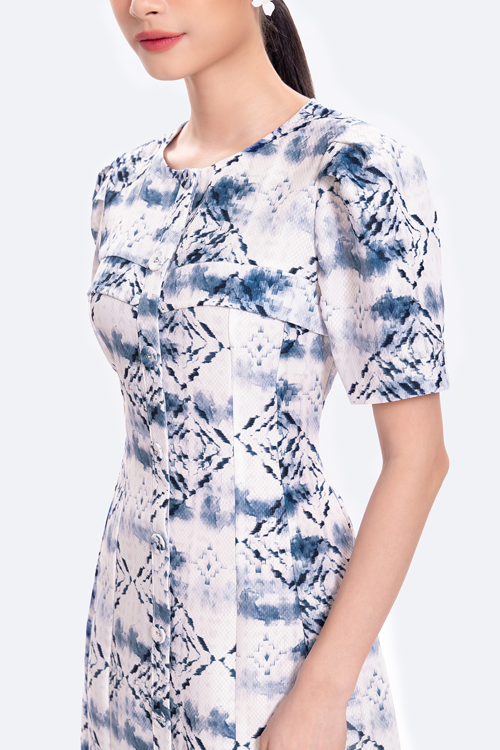 Đầm chữ A họa tiết công sở nữ cổ tròn