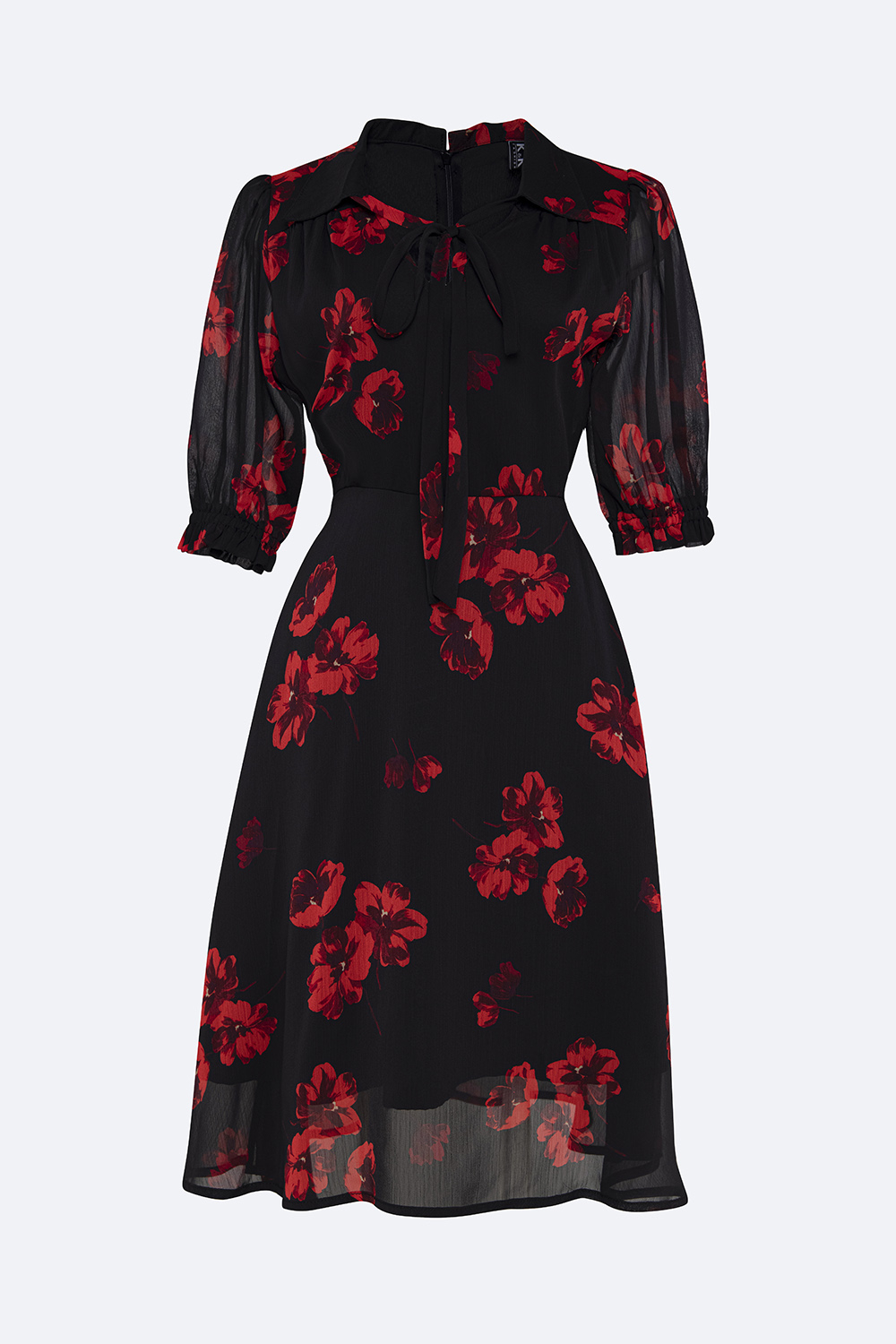 Đầm hoa dáng xòe cổ sơ mi phối nơ