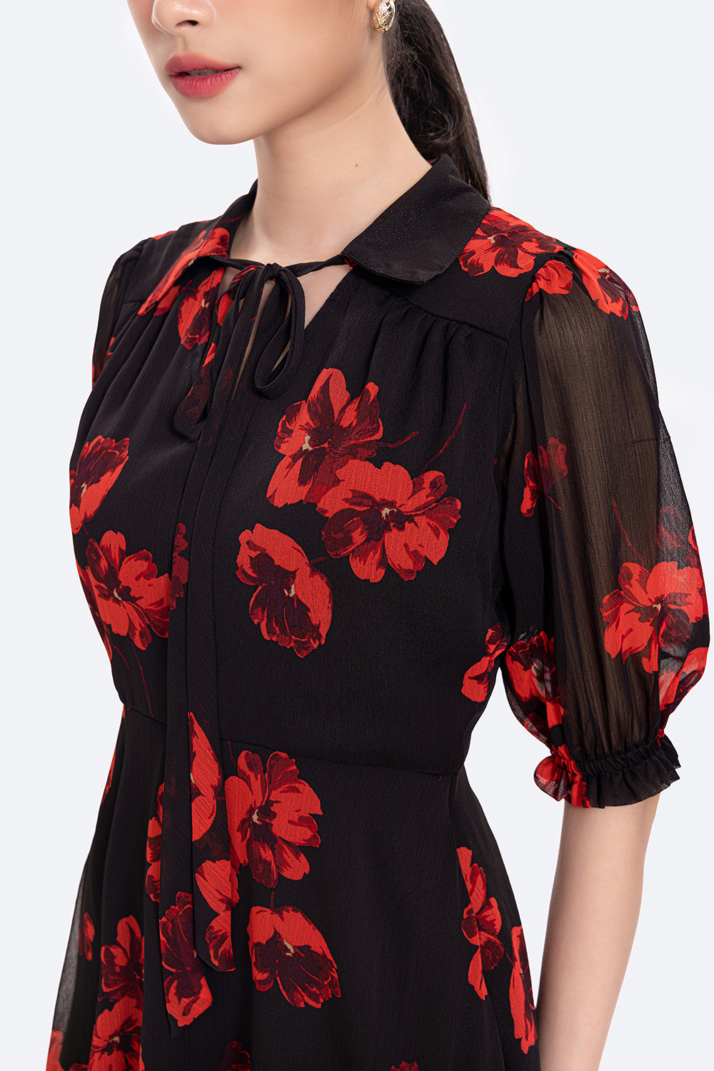 Đầm hoa dáng xòe cổ sơ mi phối nơ